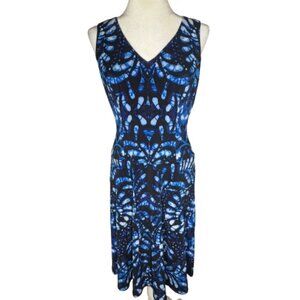 Anne Klein Women's Midi Blue Black and White Sleeveless V-neck Dress Size 4